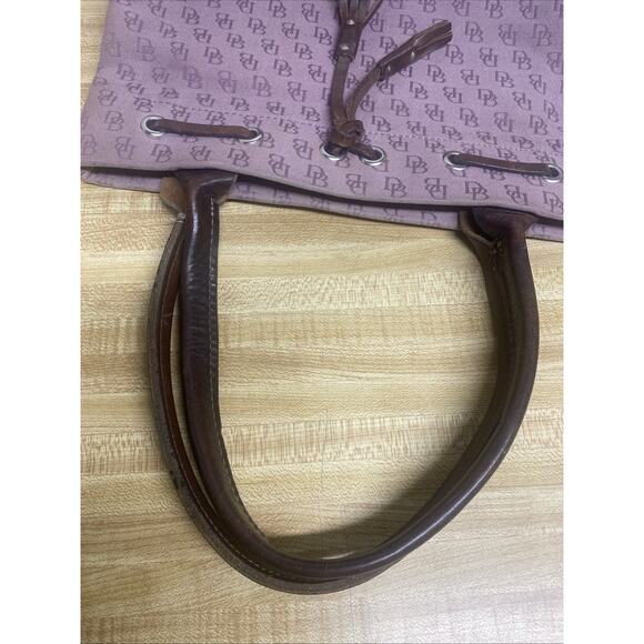 90s DOONEY & BOURKE Eggplant Canvas Sig Logo TOTE Leather Trim Double Handle - Picture 3 of 12